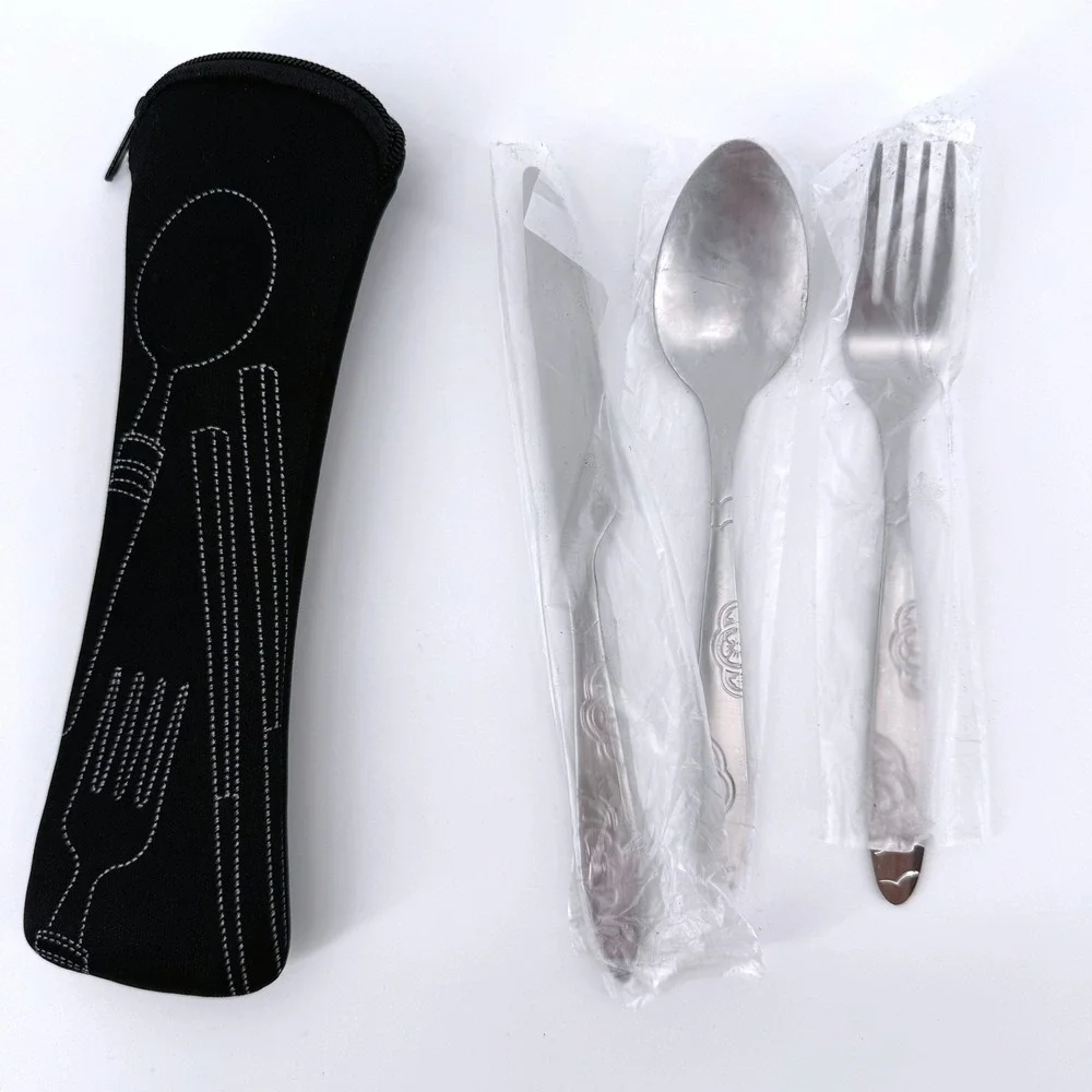 Travel Utensils Set Silver Stainless Steel Reusabl Set Spoon Nife Fork Zip Case